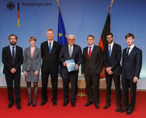 Most of the research team presenting A New Climate for Peace to German Foreign Minister Frank-Walter Steinmeier, 14 April 2015